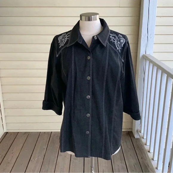 Susan Graver Western Denim Button Up Top Charcoal Gray Metallic Embroidered Sz L - Picture 8 of 10